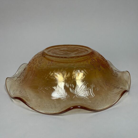 Jeannette Glass Fluted Bowl Marigold Ruffled Edge Floral 9 5/8" across - Picture 6 of 6